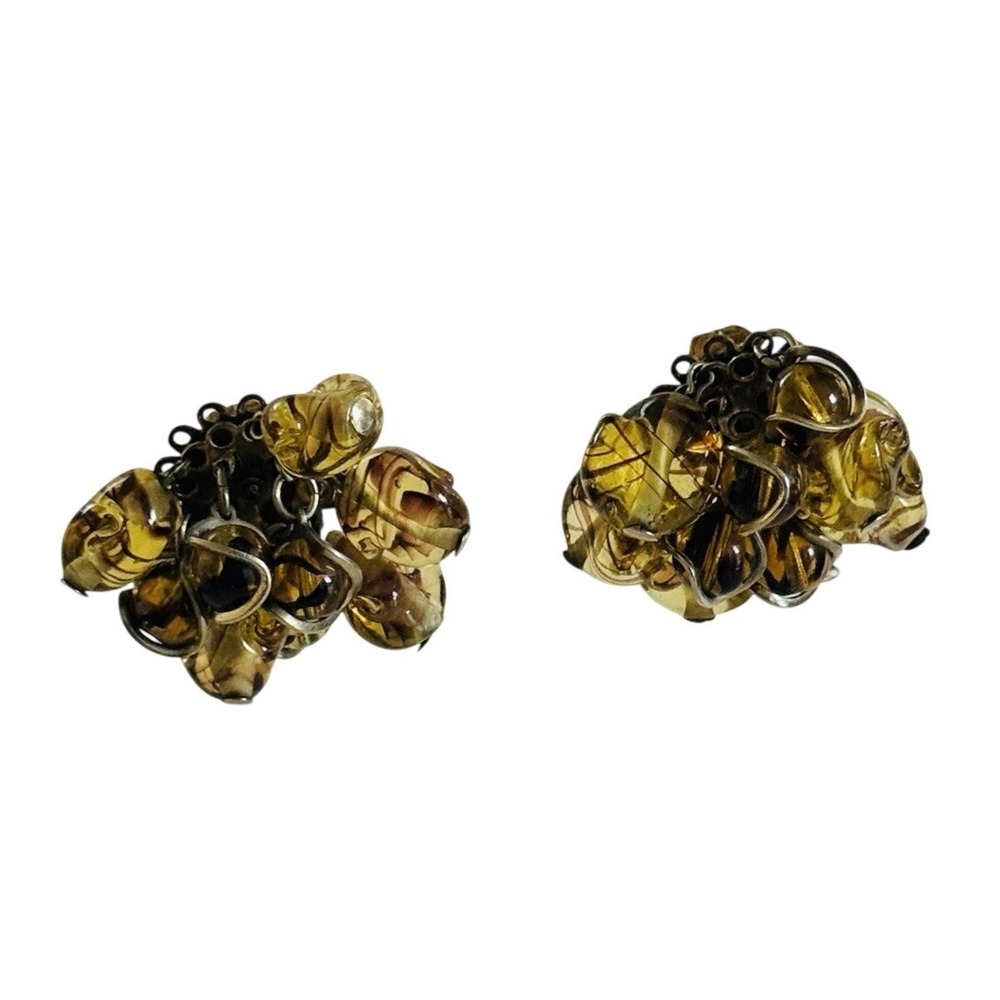 Statement Chunky Earrings VTG Clip Dangle Cluster Glass Beaded Retro‎ 40s Swirl